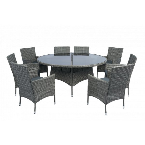 Matgrupp Tyl�sand gr� � 8 platser | Runt bord �170 cm & 8 stolar med dynor