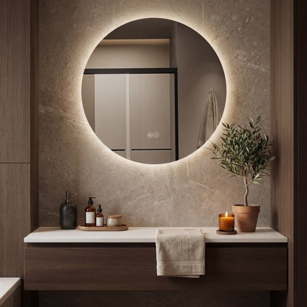 Rund badrumsspegel | Anti-fog och LED-belysning på baksidan Rund badrumsspegel | Anti-fog och LED-belysning på baksidan