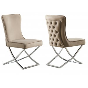 Matstol i beige sammet med kromat underrede, 2-pack | Luxury Matstol i beige sammet med kromat underrede, 2-pack | Luxury