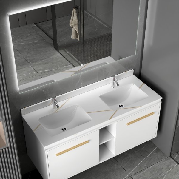 Badrumspaket 120 cm – Kommod med dubbla keramiska tvättställ & LED-spegel | Mjukstängning Badrumspaket 120 cm – Kommod med dubbla keramiska tvättställ & LED-spegel | Mjukstängning