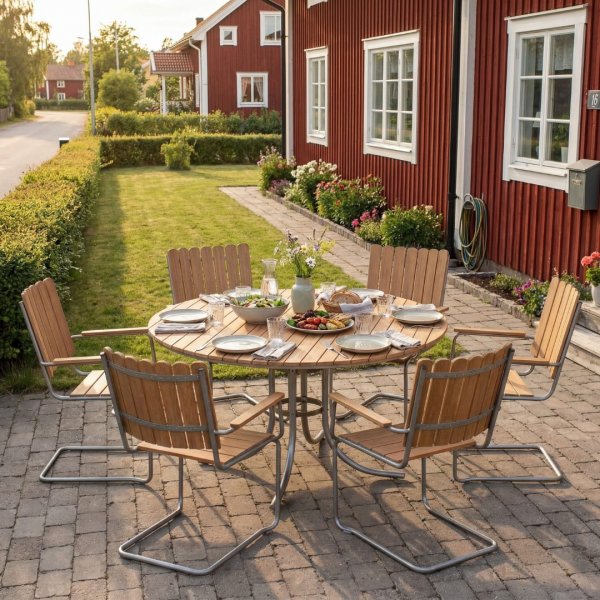 Rund matgrupp utomhus 6 stolar | Stolar i metall | �135 cm � Gl�nta