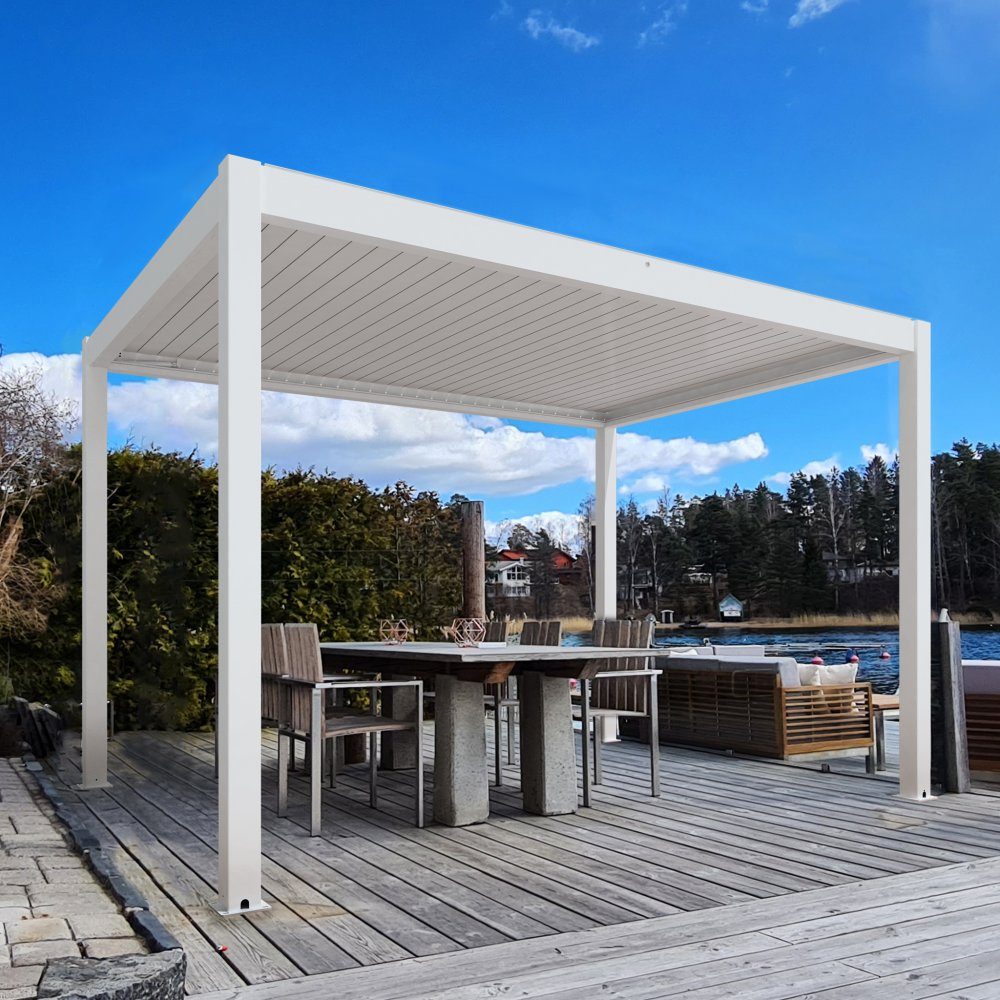 Motordriven Pergola 4x3m | Aluminium | Inbyggd LED belysning | Vit | Premium-pergola med motorstyrt lamell-tak