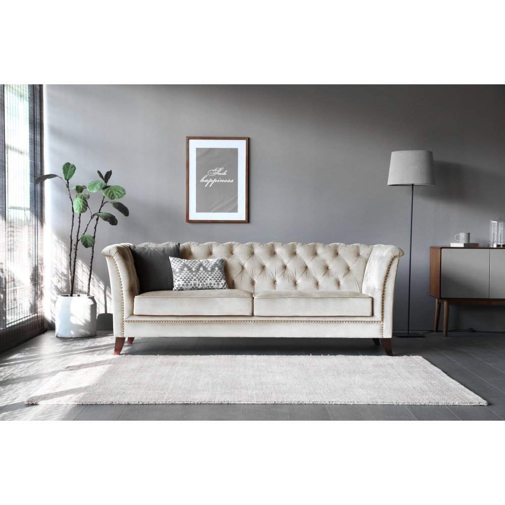 Chesterfieldsoffa 3-sits | Beige sammet, kallskum & avtagbar klädsel | Milton