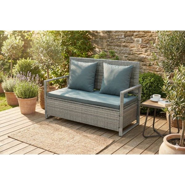 B�nk med dynf�rvaring 129 cm | Gr� konstrotting | Dynor ing�r | Boxvik