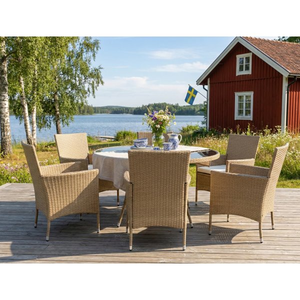 Matgrupp Tyl�sand Natur � 6 platser | Runt bord �135 cm & 6 stolar med dynor