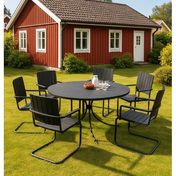 Rund utem�bel matgrupp | Bord med 6 stolar | Akacia | Gr�s� svart