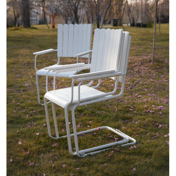 Rund matgrupp utomhus 6 stolar | �135 cm | Vit � Gl�nta